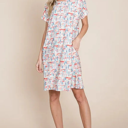 BOMBOM Printed Round Neck Short Sleeve Tee Dress - Image 5