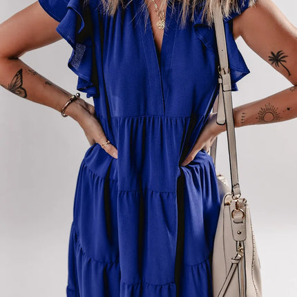 Ruffled Short Sleeve Collared V Neck Tiered Midi Dress - Image 4