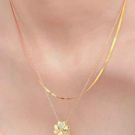 2 Piece 18K Gold-Plated Inlaid Zircon Lucky Clover Necklace - Image 5