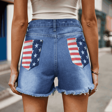 US Flag Distressed Denim Shorts - Image 1