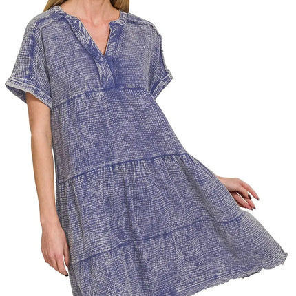 Zenana Washed Double Gauze Raw Edge V-neck Dress - Image 1