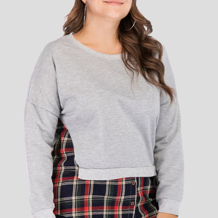 Full Size Plaid Patch Drop Shoulder Round Neck Top - Image 2