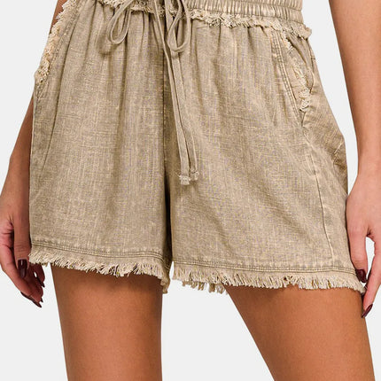 Zenana Washed Linen Frayed Hem Drawstring Shorts - Image 3