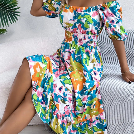 Ruffled Hem Smocked Floral Short Sleeve Midi Dress - Image 6