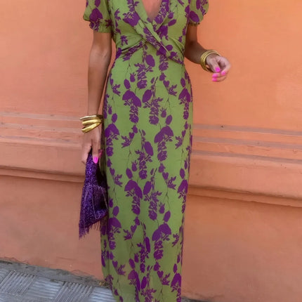 Printed Plunge Short Sleeve Midi Dress - Image 2