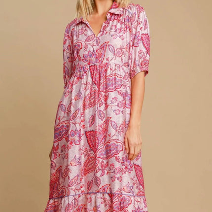 Umgee Full Size Ruffled Hem Floral Paisley Print Half Sleeve Midi Dress Plus Size - Image 1