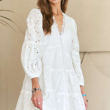 ADORA Lace Detail Tiered Eyelet V-Neck Babydoll Dress - Image 4