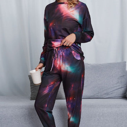 Shiny Tie-Dye Crewneck Top and Drawstring Waist Joggers Lounge Set - Image 2