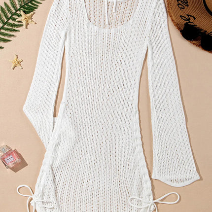 Hollow Out Bell Sleeve Drawstring Knit Cover Up Dress - Image 7