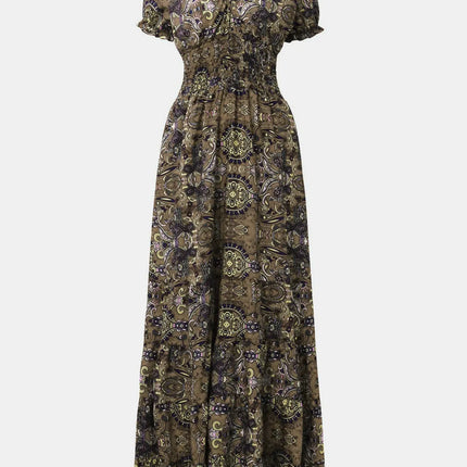 Full Size Smocked Printed V-Neck Short Sleeve Dress - Image 20