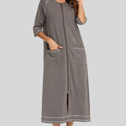 Zip Up Slit Round Neck Night Dress with Pockets - Image 19