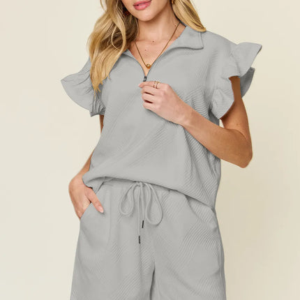 Double Take Full Size Texture Flounce Sleeve Top and Drawstring Shorts Set - Image 10
