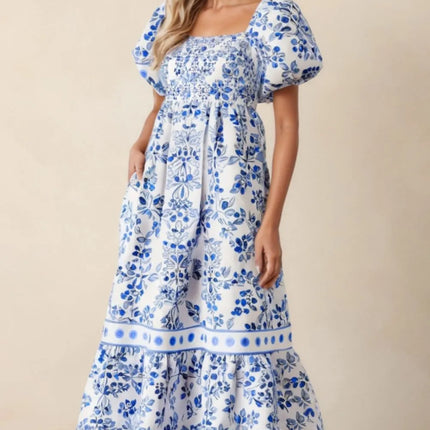 Smocked Printed Square Neck Puff Sleeve Dress - Image 1