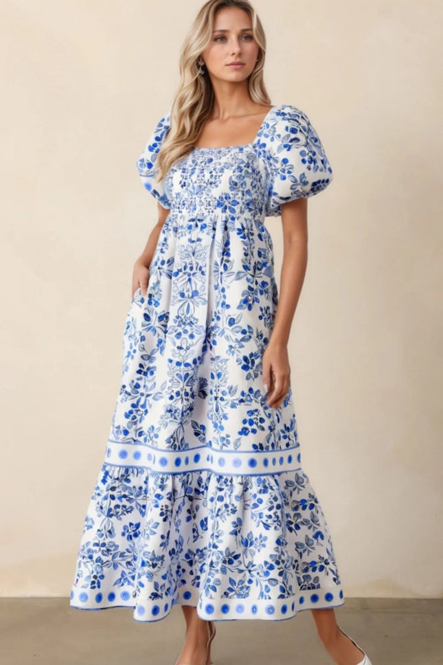 Smocked Printed Square Neck Puff Sleeve Dress