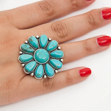 Artificial Turquoise Alloy Flower Ring - Image 2