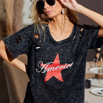 BiBi Laser Cut Mineral Washed Jersey Top with  America - Image 4