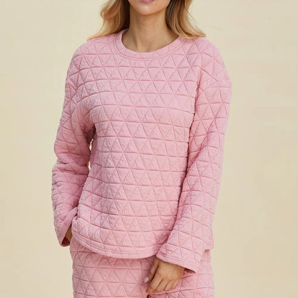 Double Take Full Size Texture Round Neck Long Sleeve Top and Shorts Set - Image 2