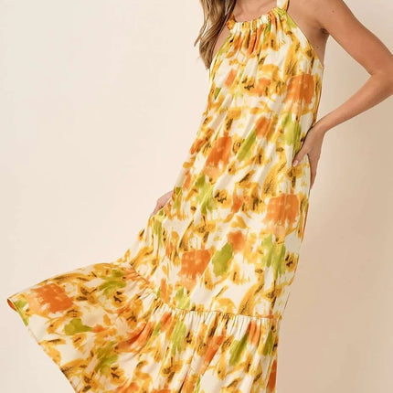 Mittoshop Watercolor Print Halter Neck Satin Maxi Dress - Image 5