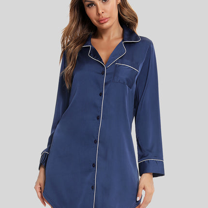 Button Up Lapel Collar Night Dress with Pocket - Image 4