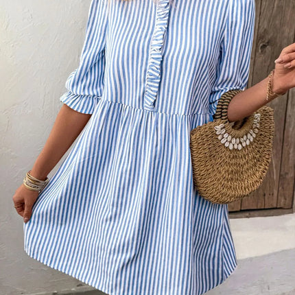 Striped Half Sleeve Mini Shirt Dress - Image 1