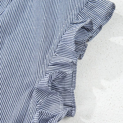 Stripe Frilled Ruffled Cap Sleeve Button Up Mini Dress - Image 10