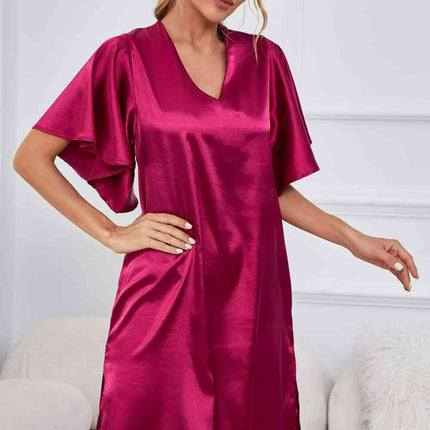 Satin Flutter Sleeve Side Slit V-Neck Night Dress - Image 4