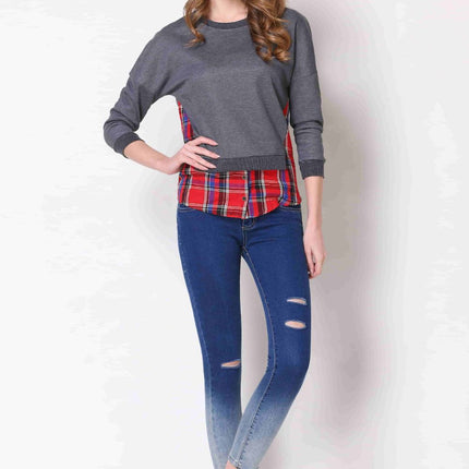 Full Size Plaid Patch Drop Shoulder Round Neck Top - Image 6