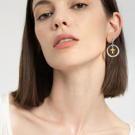Brass Contrast Cross Dangle Earrings - Image 2