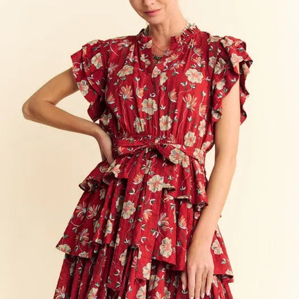 Davi & Dani Ruffle Flutter Sleeve Tie Belt Tiered Mini Dress - Image 1