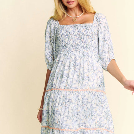 Davi & Dani Contrast Ric Smocking Bodice Tiered Midi Dress - Image 7