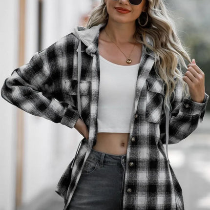 Double Take Drawstring Plaid Long Sleeve Hooded Shacket - Image 8