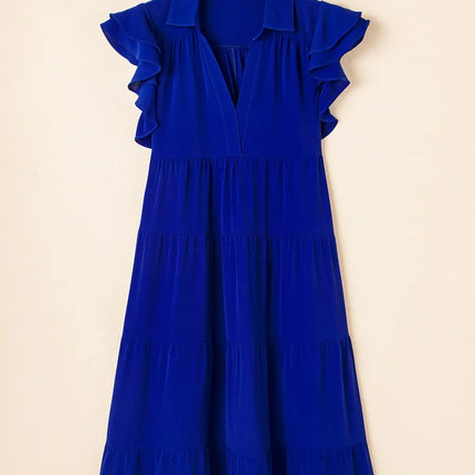 Ruffled Short Sleeve Collared V Neck Tiered Midi Dress - Image 7