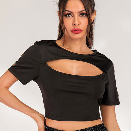 Cutout Grommet Detail Cropped Tee - Image 1