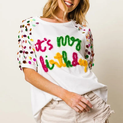 BiBi Metallic Letter Spangle Raglan Puff Sleeve Top - Image 14