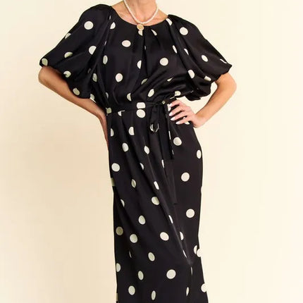 Davi & Dani Polka Dot Puff Sleeves Waist Tie Midi Dress - Image 2