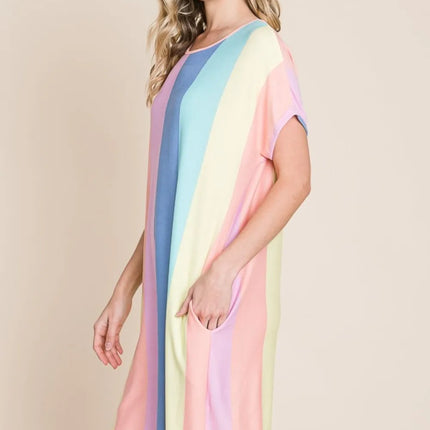 BOMBOM Striped Short Sleeve Dress with Pockets - Image 4