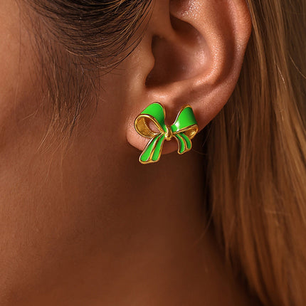 Stainless Steel Oil Drip Bow Stud Earrings - Image 4