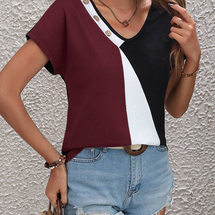 Ivy Lane Color Block Decorative Button V-Neck Tee - Image 9