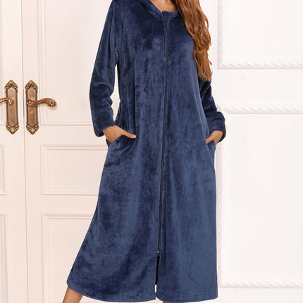 Zip Front Hooded Night Dress with Pockets - Image 7