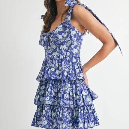 MABLE Floral Print Shoulder Tie Layered Mini Dress - Image 4
