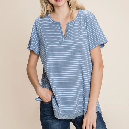 Cotton Bleu by Nu Lab Slit Striped Notched Short Sleeve T-Shirt - Image 1
