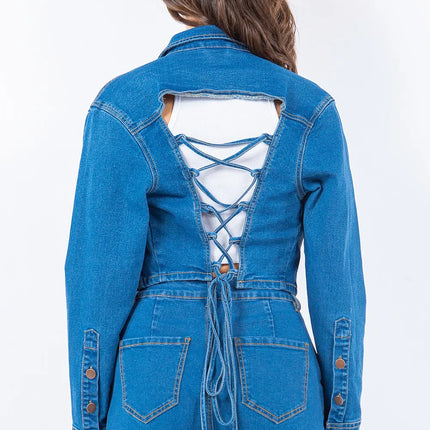 American Bazi Laced Back Cropped Denim Jacket - Image 2