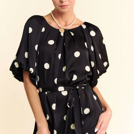 Davi & Dani Polka Dot Puff Sleeves Waist Tie Midi Dress - Image 7