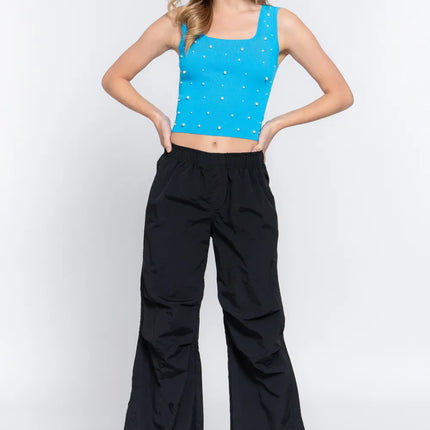 ACTIVE BASIC Pearl Detail Square Neck Cropped Tank - Image 4