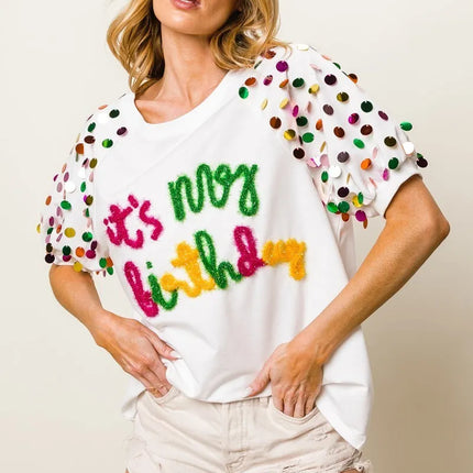 BiBi Metallic Letter Spangle Raglan Puff Sleeve Top - Image 12