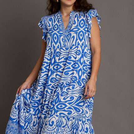 Umgee Full Size Two Tone Border Print Ruffle Cap Sleeve Midi Dress Plus Size - Image 5