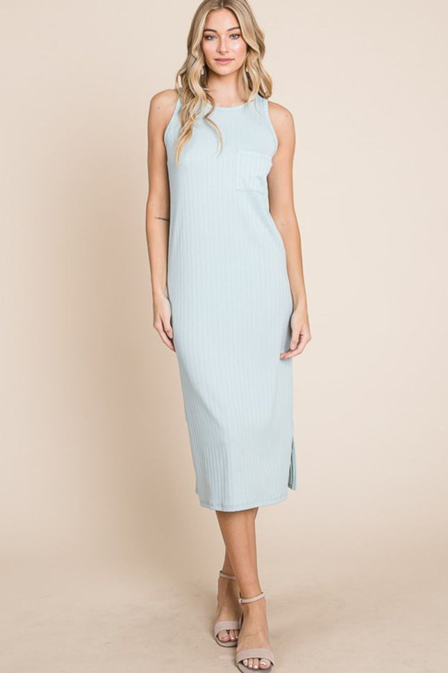 BOMBOM Ribbed Knit Sleeveless Midi Dress