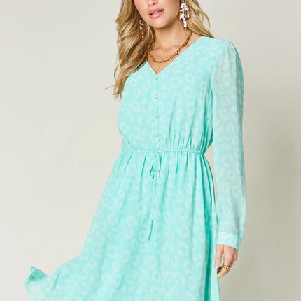 Double Take Full Size Printed Ruched V-Neck Long Sleeve Dress - Image 3