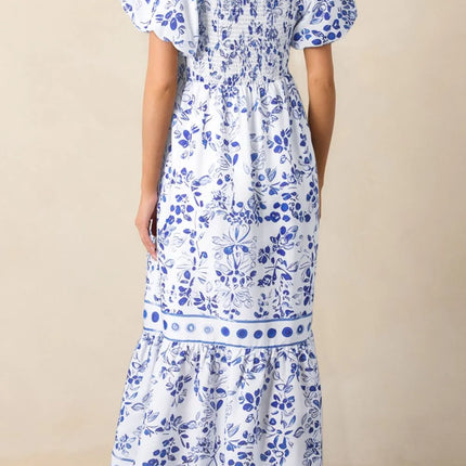 Smocked Printed Square Neck Puff Sleeve Dress - Image 3
