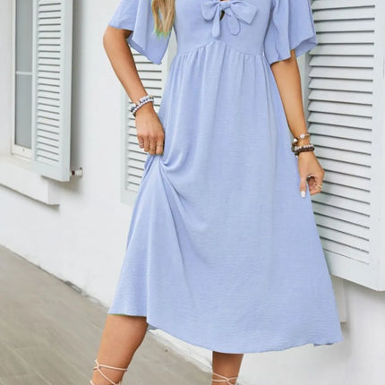 Smocked Tie Front Flutter Sleeve Midi Dress - Image 8